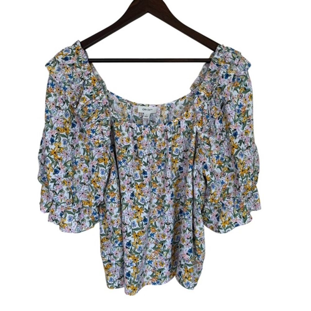 On 34th White with Yellow, Pink and Green Floral Print Scoop Neck Blouse - Large